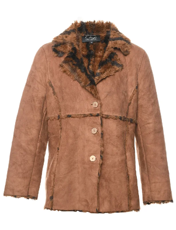 Light Brown & Orange Shearling Lined Coat - L