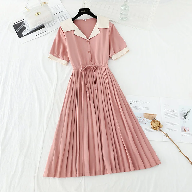 New style suit collar belt waistband slim pleated French dress  4676