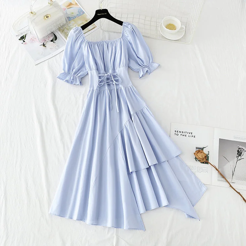 Off shoulder bandage waist slim irregular dress  4233