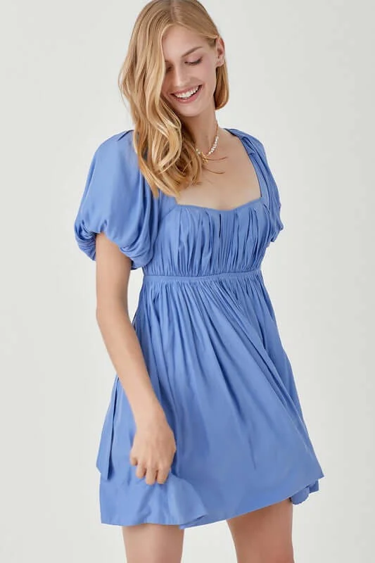 Boho Soft Blue Pleated Front Criss Cross Back Strap Dress