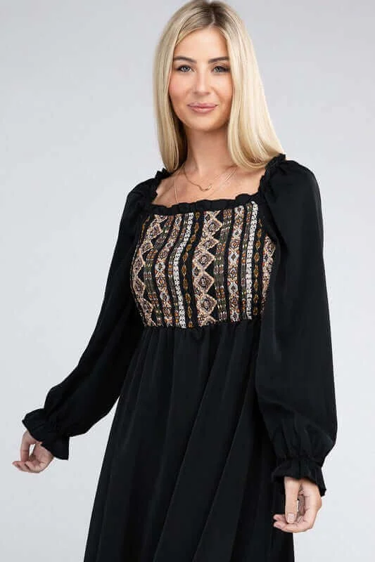 Black Square Neck Smocked Dress