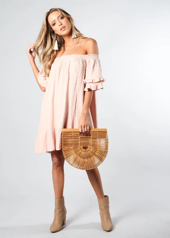 Sweet Sunshine Off Shoulder Dress - Blush