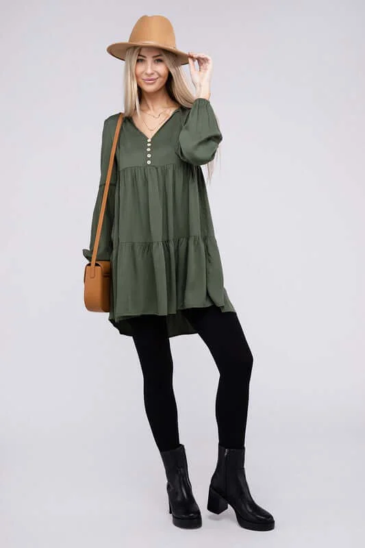 Green V Neck Babydoll Tiered Dress Tunic