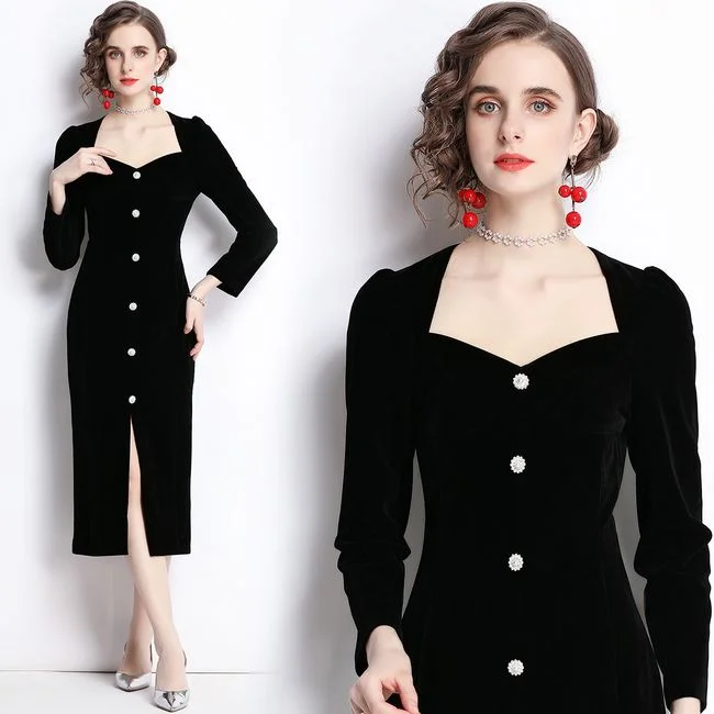 V-Neck Slim Fit Dress Black Velvet Fashion