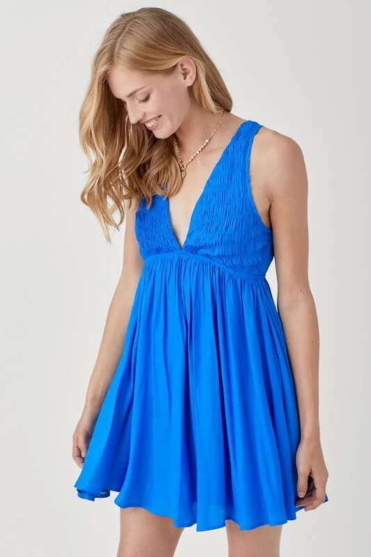 Blue V Neck Smock Sleeveless Dress