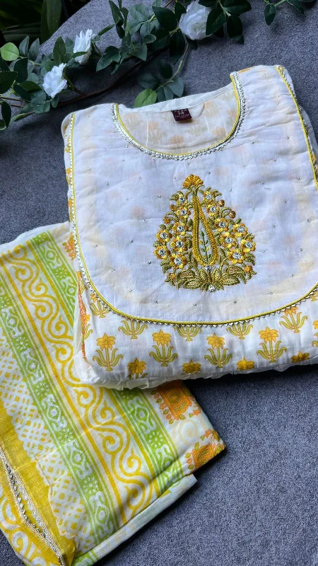 White & yellow cotton embroidery gown