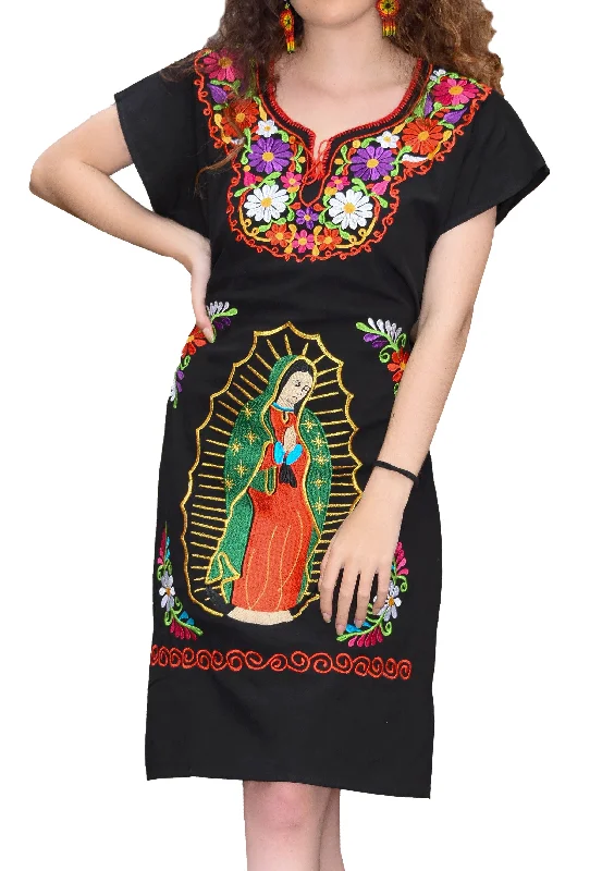 Womens Traditional Embroidered Manta Dress Our Lady Of Guadalupe Black