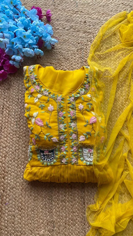 Yellow georgette hand worked gown 2 piece kurti