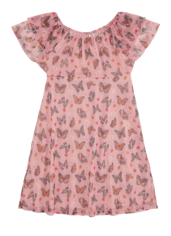 Girls Mesh Butterfly Print Flare Dress