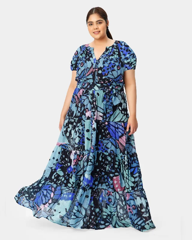 Butterfly print georgette crewneck ruched tier dress | Blue