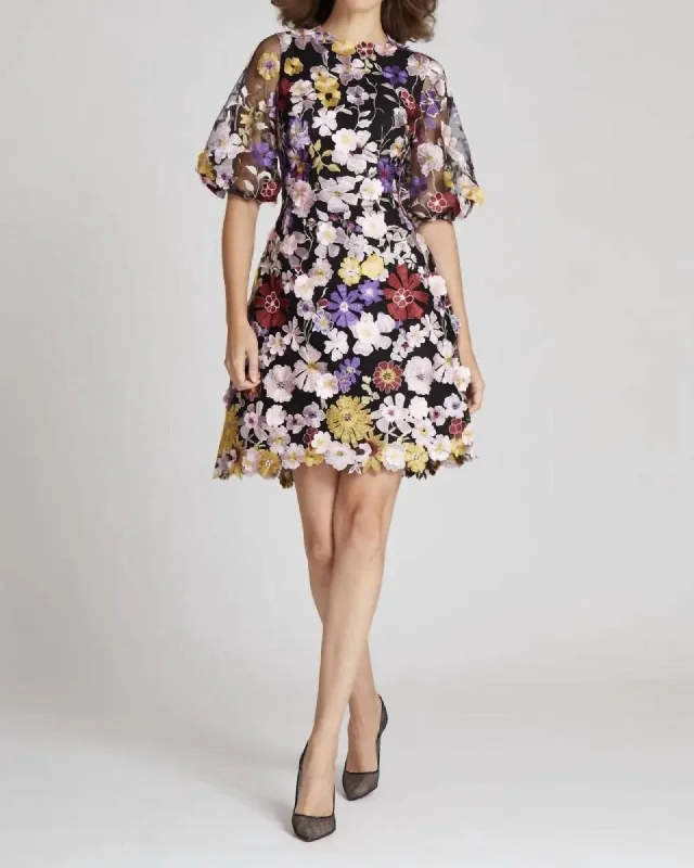 Floral Appliqued Puff Sleeve Dress In Black Floral | Black Floral