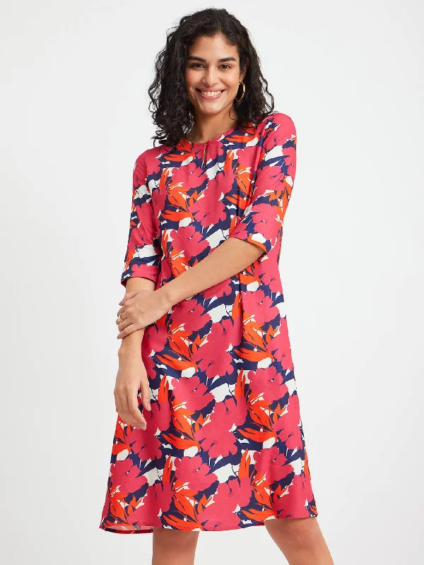 Floral Print Dress - Orange And Pink