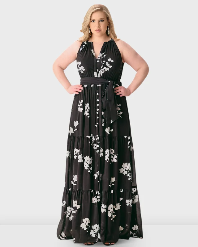 Floral print georgette ruched tier dress | Black