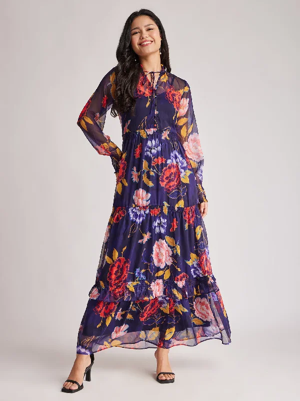 Floral Ruffle Dress - Navy Blue And Multicolour