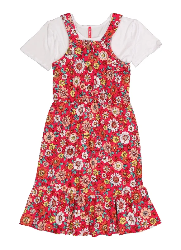 Girls Ribbed Floral Print Tank Dress with Short Sleeve Top