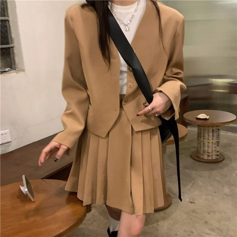 2023 Casual Suit Skirt Suit Temperament Short Long Sleeve Suit High Waist Sexy Pleated Skirt Two-piece Female