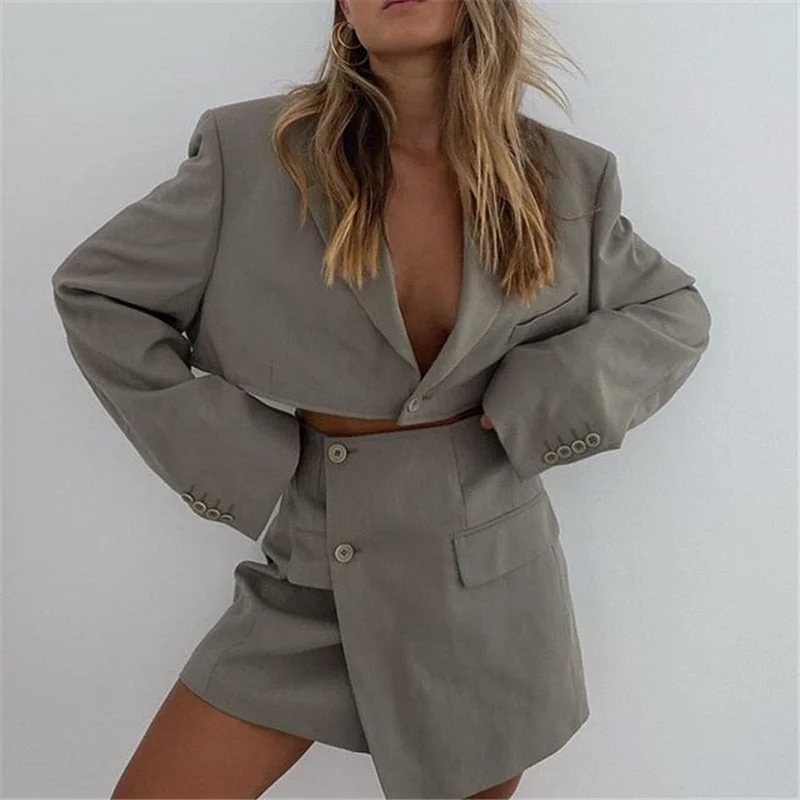 2023 spring casual suit women's long-sleeved cardigan one button top bag hip short skirt suit women's clothing