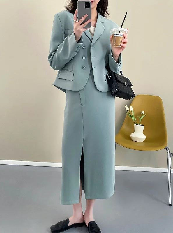 2023 Spring Loose Sweet Elegant Solid Color Long Sleeve Casual Blazers & Long Skirt Suits for Women Girl Chic Outwear