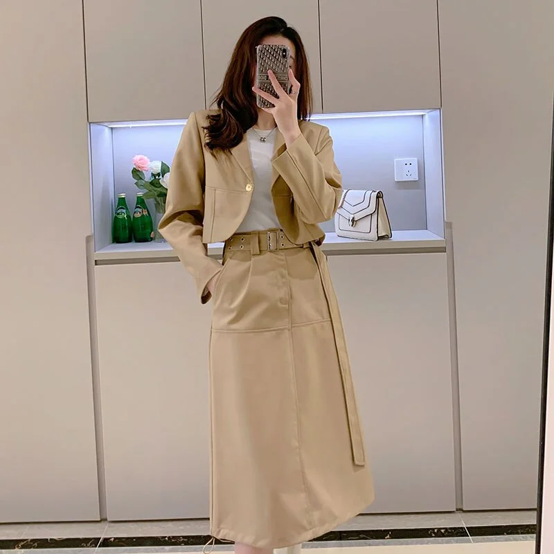 2023 Spring Short Blazer and Skirt Khaki Two Piece Set Women Elegant Korean Slim Casual Coat Jacket Mid-long Belt Skirts A58