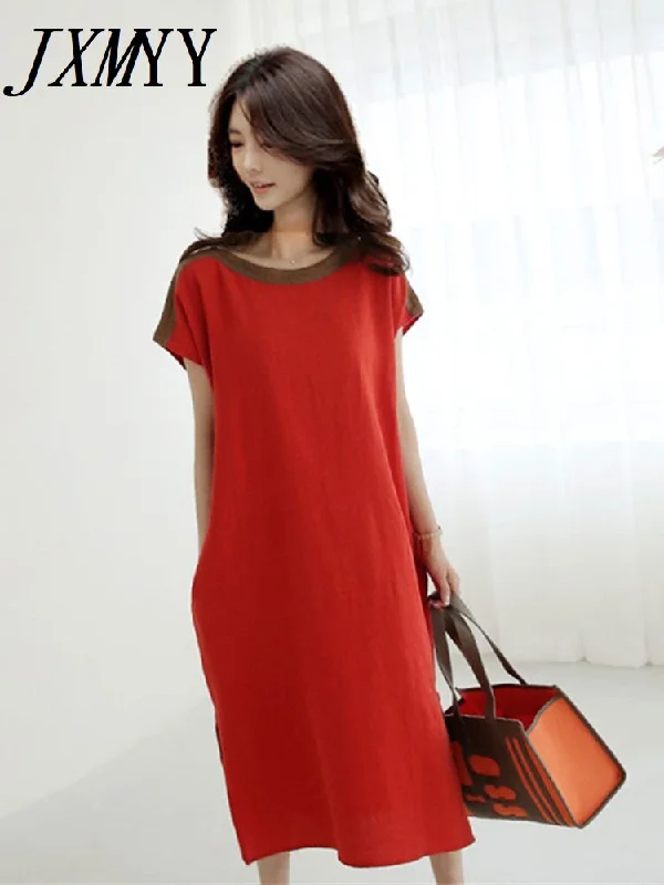 Autumn Product Round Neck Short Sleeve Dress Lace Stitching Edge Small Fresh Slit Casual Simple Long Skirt Linen