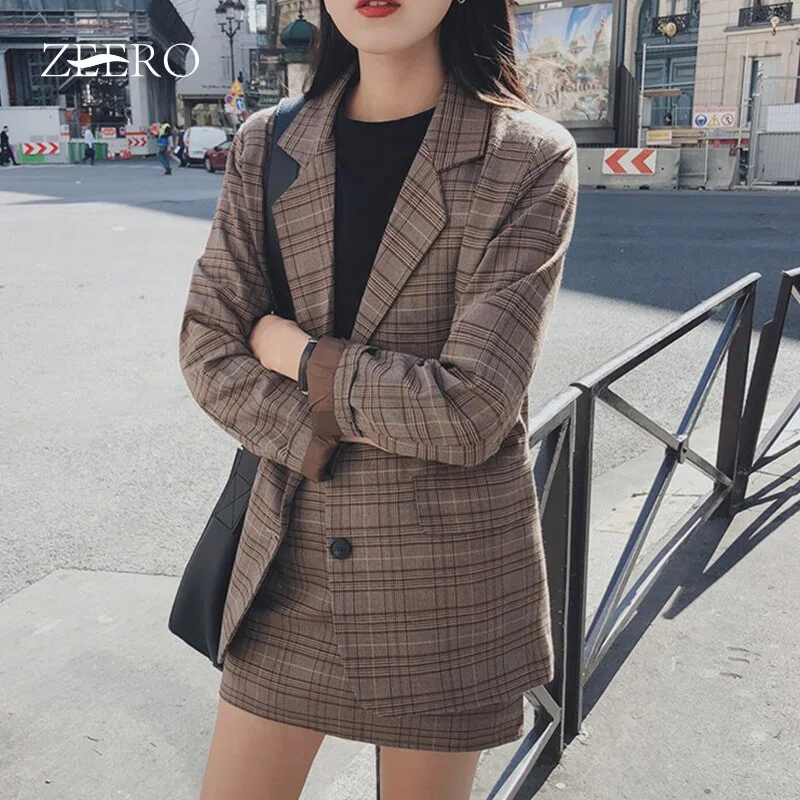 Autumn Winter Casual 2 Piece Set Woman Vintage Plaid Single-breasted Long Sleeve Blazer Jacket + High Waist Pencil Skirt Suit