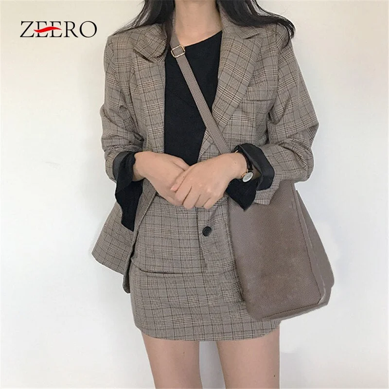 Autumn Winter Casual 2 Piece Set Woman Vintage Plaid Single-breasted Long Sleeve Lapel Blazer Jacket + High Waist Skirt Suit