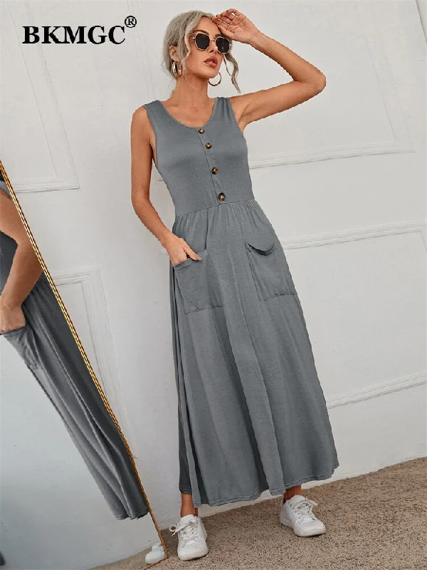 BKMGC Solid Grey Black Khaki Scoop Neck Front Single-breasted Skirt Slim Fitting Casual Long Maxi Vest Dresses for Women 6255