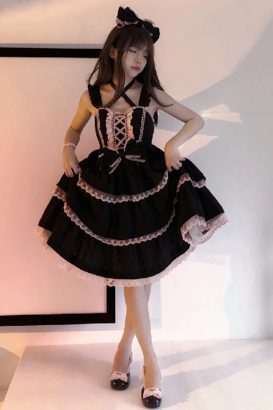 Black/Pink First Love Triple-Layered Ruffle Bowknot Lace Gothic Lolita Jsk Dress