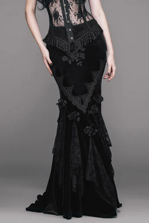 Black Rose Embossed Gothic Velvet Long Womens Half Fishtail Skirt