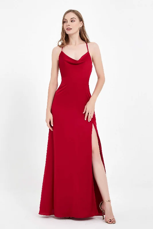 Cowl Neck Lace up Back Satin Long Dress