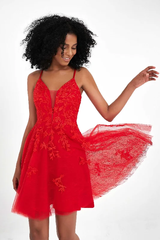 Deep V-neck Red Lace Applique Homecoming Dress