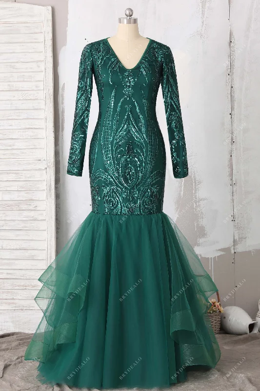 Emerald Sequin Tulle V-neck Long Sleeve Prom Gown