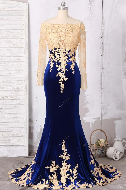 Gold Lace Royal Blue Velvet Long Sleeve Prom Gown