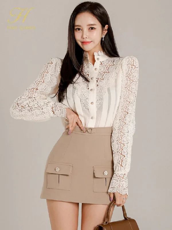 H Han Queen Women 2 Pieces Set Long Sleeve Lace Blouses + Pencil Skirt Korean Simple 2023 Autumn Casual Office Lady Skirt Suit