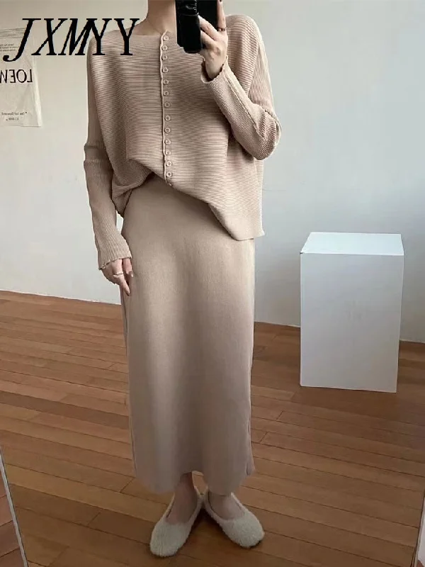 imCharms 2023 Autumn And Winter Single-Breasted Sweater Coat Cardigan Long Half Skirt Casual Two-Piece Women's Clothing