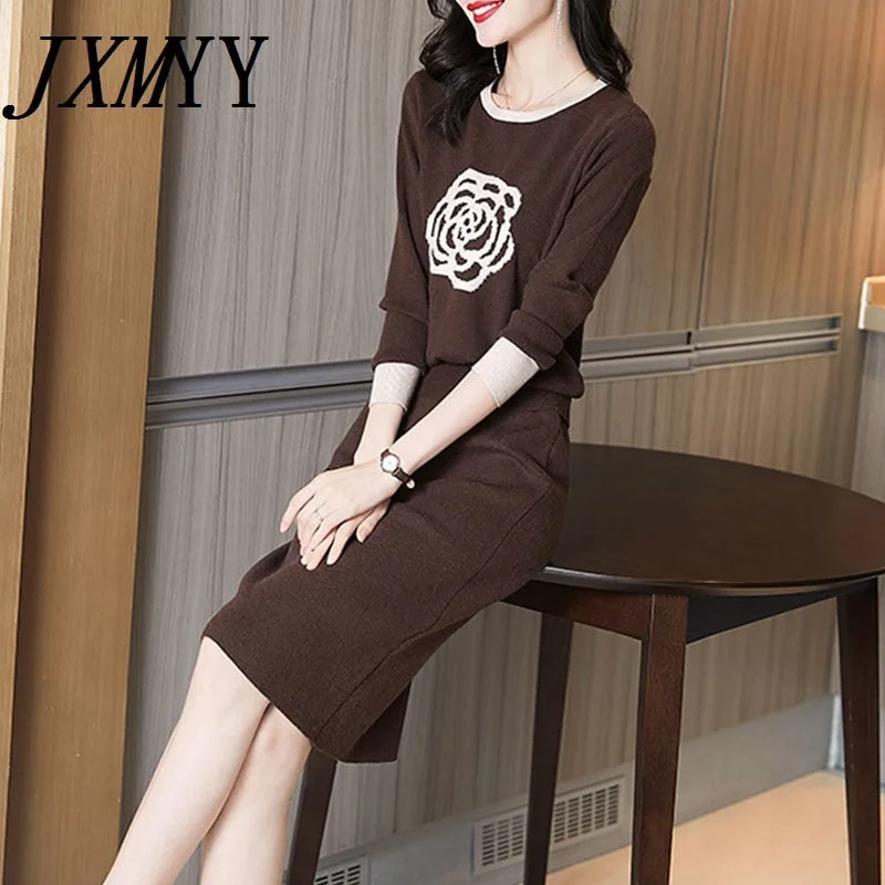 imCharms 2023 Autumn French Women's Temperament Casual Long-Sleeved Sweater Knitted Two-Piece Suit Skirt