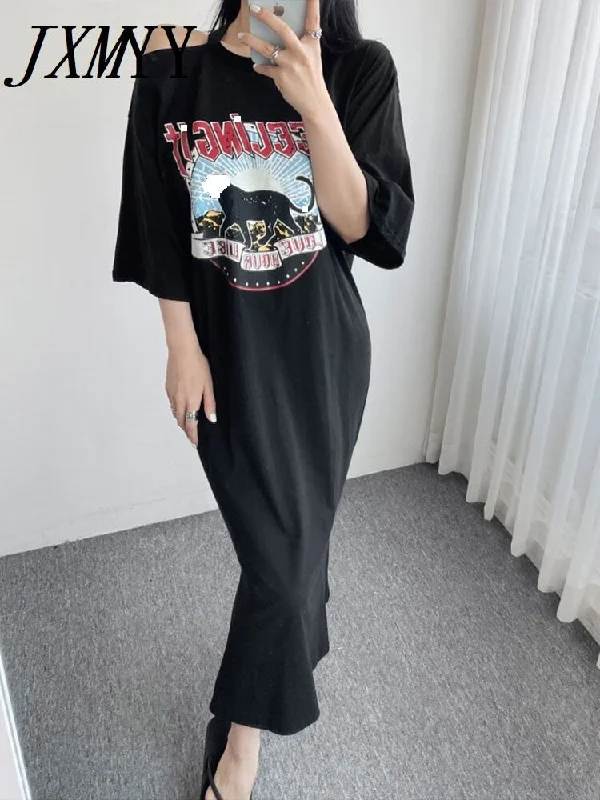 imCharms 2023 Summer Chic Leaked Shoulder Letter Cartoon Pattern Simple Casual Loose T-Shirt Skirt Long Dress