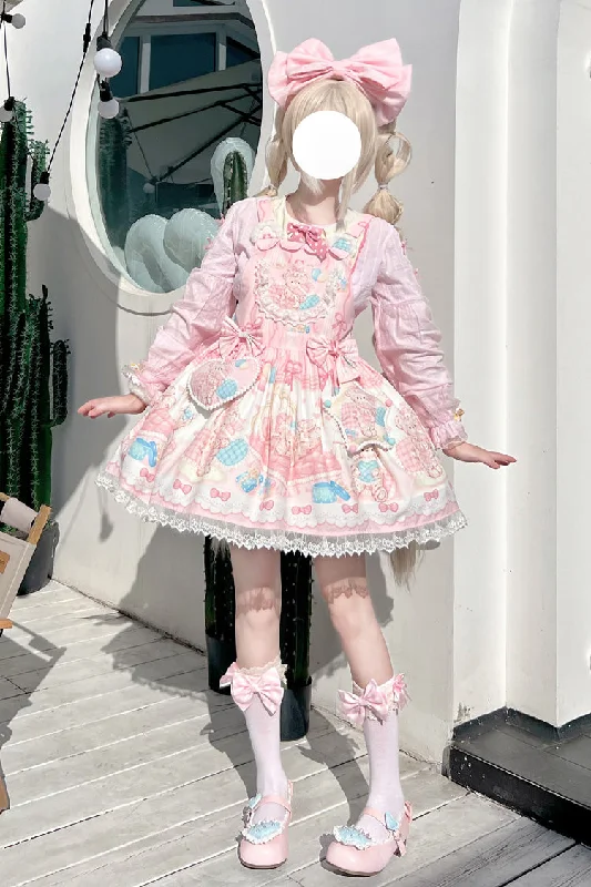 Kawaii Bears Print Pink Bowknot Stitching Lace Sweet Lolita Strap Dress