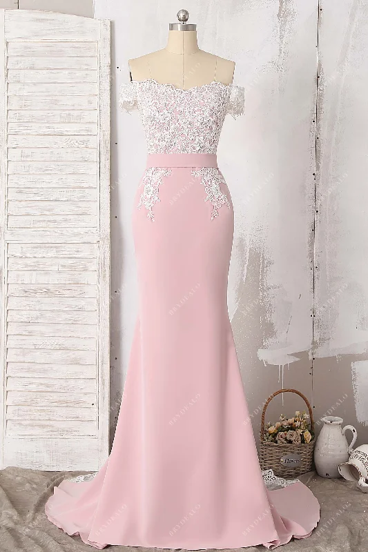 Beaded Lace Dusty Pink Off Shoulder Long Bridesmaid Gown