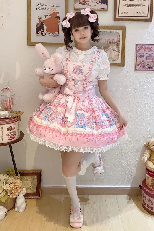 Milky Berry Bear Print Pink Bowknot Stitching Lace Sweet Lolita Strap Dress