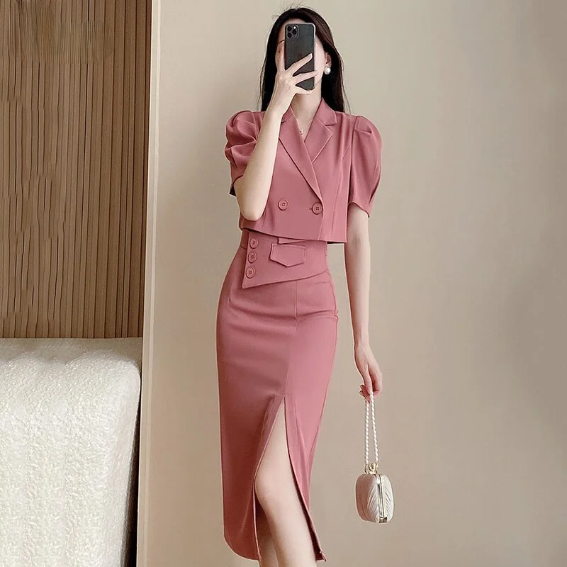 Office Lady Elegant Short Blazer Two Piece Sets Korean Casual  Long Sleeve Suit Coat + High Waist Slim Slit Skirts Sexy Outfit