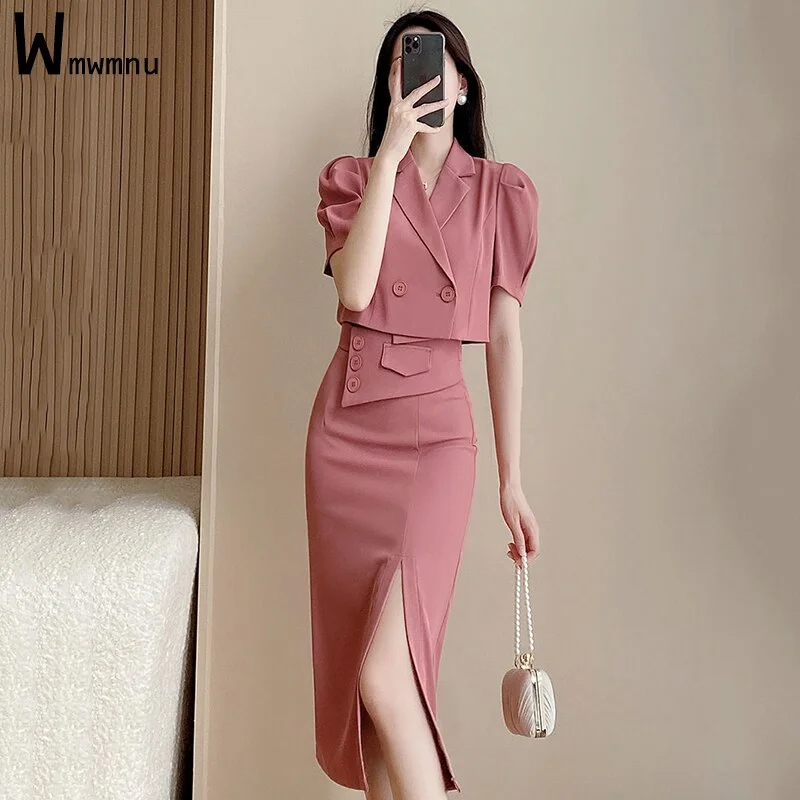 Office Lady Elegant Short Blazer Two Piece Sets Korean Casual  Long Sleeve Suit Coat + High Waist Slim Slit Skirts Sexy Outfit