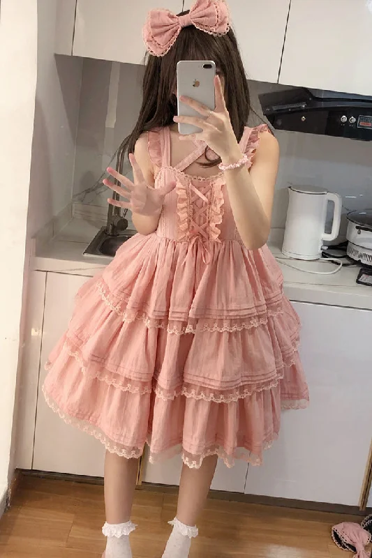 Pink First Love Triple-Layered Ruffle Bowknot Lace Sweet Lolita Jsk Dress