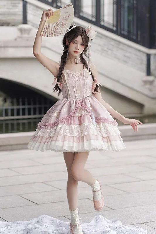 Pink Multi-Layered Ruffle Cardigan Lace Sweet Chinese Style Lolita Jsk Dress