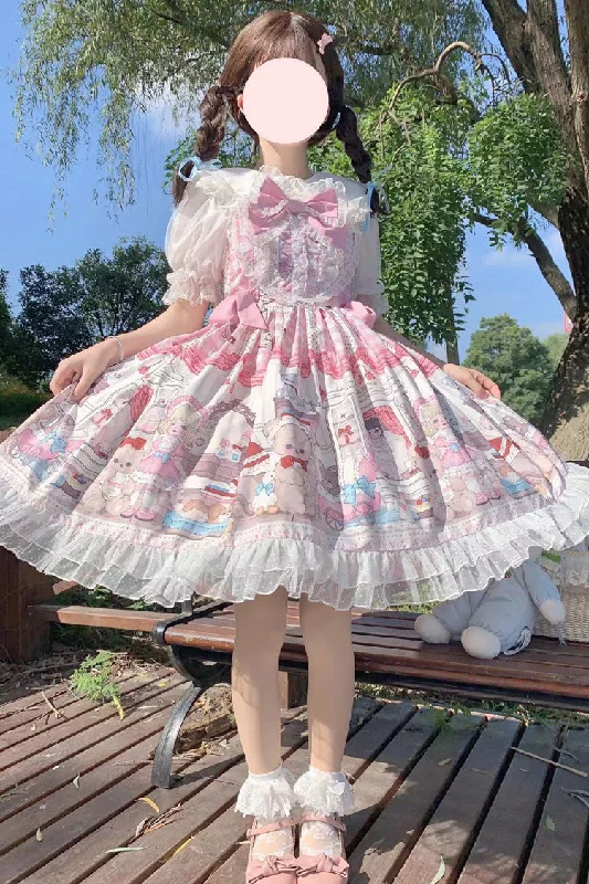 Pink Plush Bear and Doll Print Ruffle Bowknot Lace Sweet Lolita Jsk Dress