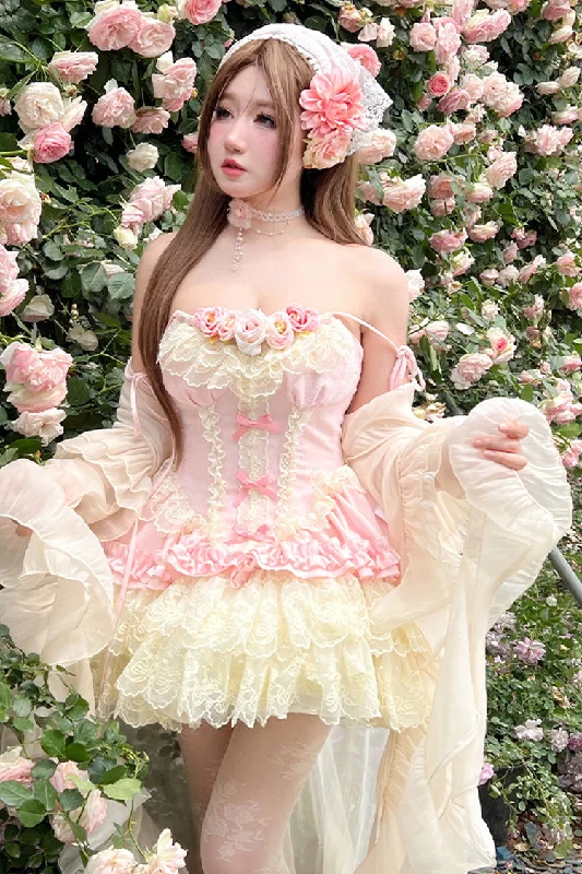 Pink [Pure Dream Flower Love] Multi-Layered Ruffle Embroidery Bowknot Lace Sweet Lolita Jsk Dress