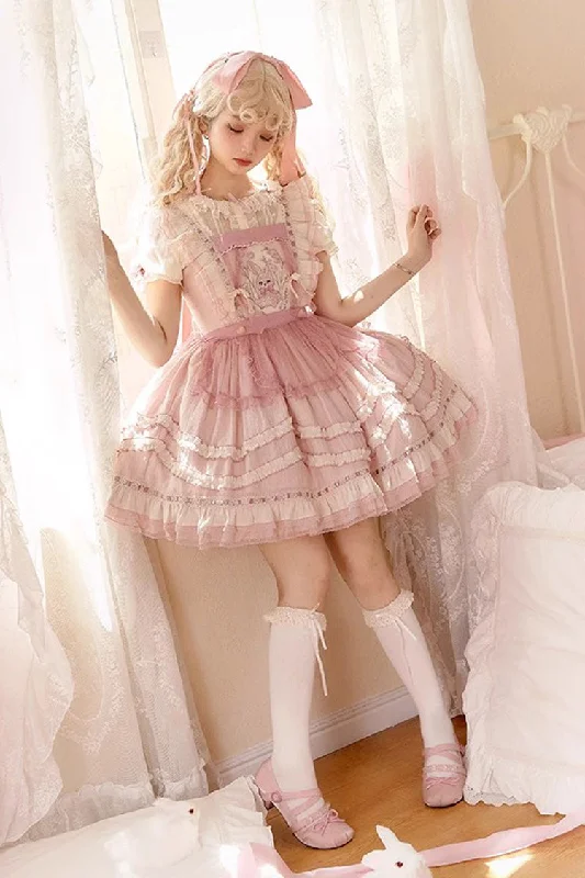 Pink Rabbit Print Sweet Dream Girl Ruffle Bowknot Stitching Lace Lolita JSK Dress