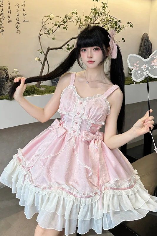 Pink [Spring Flower Notes] Ruffle Bowknot Lace Sweet Princess Lolita Jsk Dress