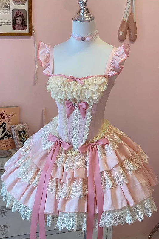 Pink [Strawberry Candy] Multi-Layered Ruffle Bowknot Lace Sweet Ballet Lolita Dress