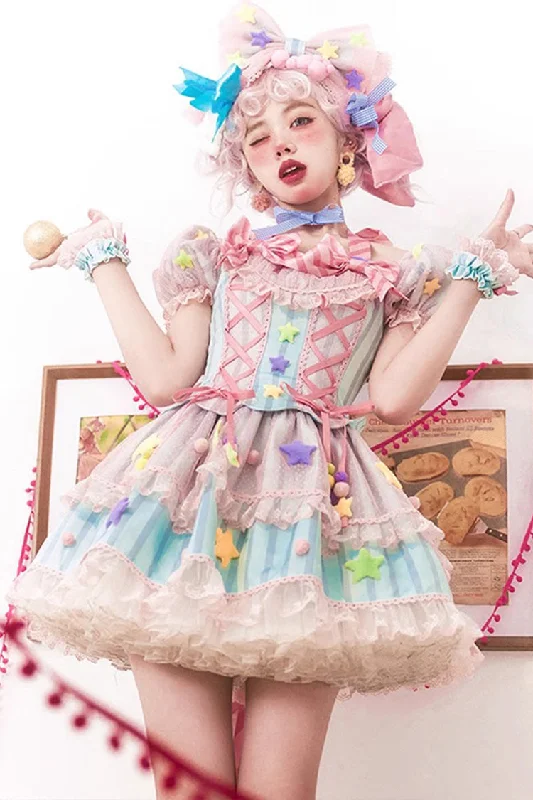 Pink [Sugar Magic] Print Ruffle Bowknot Lace Lace-Up Sweet Lolita Dress